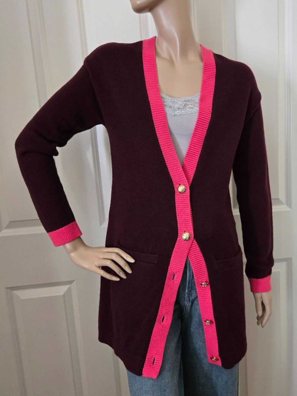 Talbots Colorblock Cardigan SZ XS Wine/Hot Pink
